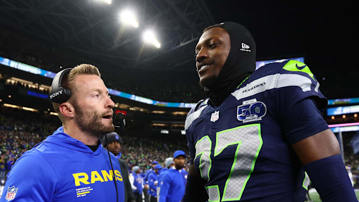 Jan 25, 2026; Seattle, WA, USA; Los Angeles Rams head coach Sean McVay greets Seattle Seahawks cornerback Riq Woolen (27) after the 2026 NFC Championship Game at Lumen Field. Mandatory Credit: Kevin Ng-Imagn Images