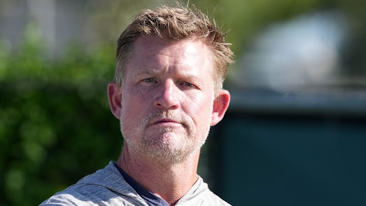 Jul 23, 2025; Los Angeles, CA, USA; Los Angeles Rams general manager Les Snead watches during training camp at Loyola Marymount University. Mandatory Credit: Kirby Lee-Imagn Images