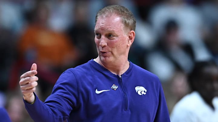 Kansas State Wildcats coach Jeff Mittie looks on against the USC Trojans during the second half of a Sweet 16 NCAA Tournament basketball game at Spokane Arena.