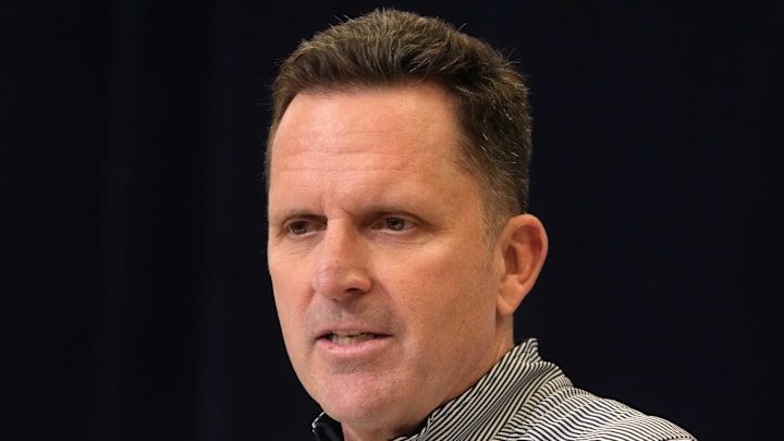 Feb 25, 2025; Indianapolis, IN, USA; Denver Broncos general manager George Paton speaks during the NFL Scouting Combine at the Indiana Convention Center. Mandatory Credit: Kirby Lee-Imagn Images