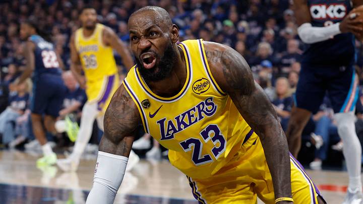 May 7, 2026; Oklahoma City, Oklahoma, USA; Los Angeles Lakers forward LeBron James (23) reacts after a play against the Oklahoma City Thunder in the first half during game two of the second round of the 2026 NBA Playoffs at Paycom Center. Mandatory Credit: Alonzo Adams-Imagn Images May 7, 2026; Oklahoma City, Oklahoma, USA; Los Angeles Lakers forward LeBron James (23) reacts after a play against the Oklahoma City Thunder in the first half during game two of the second round of the 2026 NBA Playoffs at Paycom Center. Mandatory Credit: Alonzo Adams-Imagn Images
