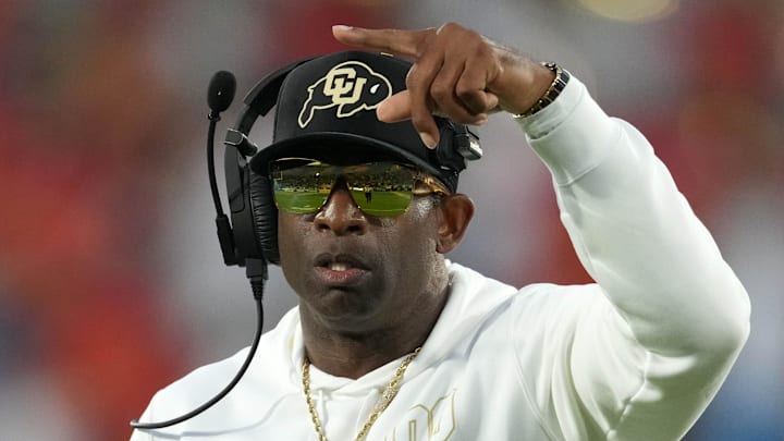 Oct 28, 2023; Pasadena, California, USA; Colorado Buffaloes head coach Deion Sanders reacts against the UCLA Bruins in the first half at Rose Bowl. Mandatory Credit: Kirby Lee-Imagn Images