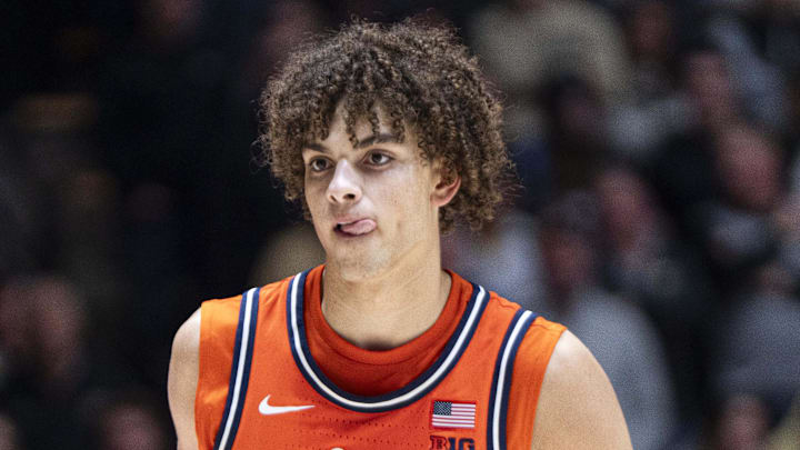 Jan 24, 2026; West Lafayette, Indiana, USA; Illinois Fighting Illini guard Keaton Wagler (23) looks at his teammate during the second half against the Purdue Boilermakers at Mackey Arena. Mandatory Credit: Jacob Musselman-Imagn Images