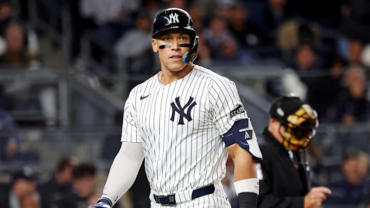 Oct 8, 2025; Bronx, New York, USA; New York Yankees right fielder Aaron Judge (99) reacts to striking during the eighth inning against the Toronto Blue Jays during game four of the ALDS round for the 2025 MLB playoffs at Yankee Stadium. Mandatory Credit: Brad Penner-Imagn Images Oct 8, 2025; Bronx, New York, USA; New York Yankees right fielder Aaron Judge (99) reacts to striking during the eighth inning against the Toronto Blue Jays during game four of the ALDS round for the 2025 MLB playoffs at Yankee Stadium. Mandatory Credit: Brad Penner-Imagn Images