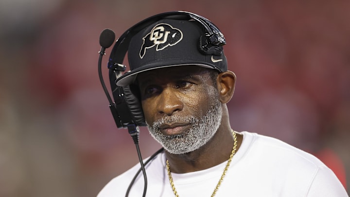 Sep 12, 2025; Houston, Texas, USA; Colorado Buffaloes head coach Deion Sanders looks on from the sideline during the first half against the Houston Cougars at TDECU Stadium. Mandatory Credit: Troy Taormina-Imagn Images