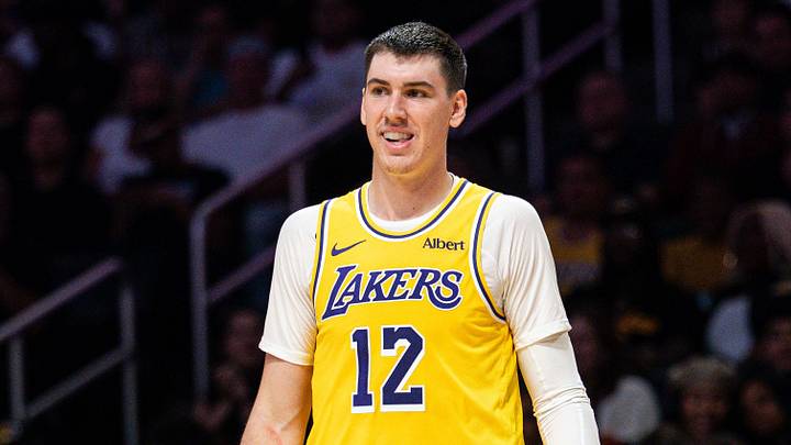 Oct 16, 2026; Los Angeles, California, USA; Los Angeles Lakers forward Jake LaRavia (12) reacts in the second quarter at Crypto.com Arena. Mandatory Credit: Jon Endow-Imagn Images