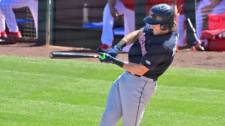 Feb 29, 2024; Tempe, Arizona, USA; Cleveland Guardians right fielder Chase DeLauter (6) grounds out in the third inning against the Los Angeles Angels during a spring training game at Tempe Diablo Stadium. Mandatory Credit: Matt Kartozian-Imagn Images Feb 29, 2024; Tempe, Arizona, USA; Cleveland Guardians right fielder Chase DeLauter (6) grounds out in the third inning against the Los Angeles Angels during a spring training game at Tempe Diablo Stadium. Mandatory Credit: Matt Kartozian-Imagn Images