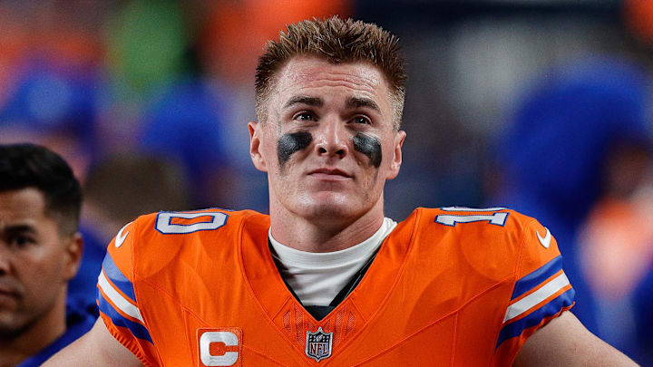 Nov 6, 2025; Denver, Colorado, USA; Denver Broncos quarterback Bo Nix (10) in the fourth quarter against the Las Vegas Raiders at Empower Field at Mile High. Mandatory Credit: Isaiah J. Downing-Imagn Images