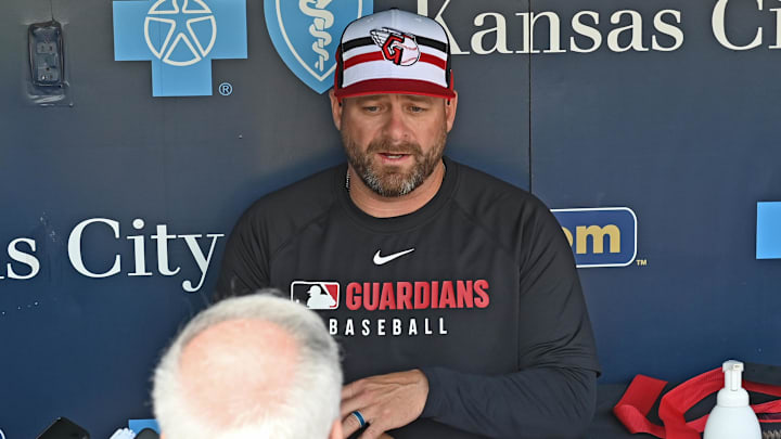 Mar 29, 2025; Kansas City, Missouri, USA; Cleveland Guardians manager Stephen Vogt (12) speaks with the media before a game against the Kansas City Royals at Kauffman Stadium. Mandatory Credit: Peter Aiken-Imagn Images Mar 29, 2025; Kansas City, Missouri, USA; Cleveland Guardians manager Stephen Vogt (12) speaks with the media before a game against the Kansas City Royals at Kauffman Stadium. Mandatory Credit: Peter Aiken-Imagn Images