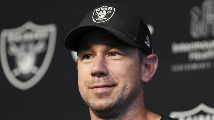 May 20, 2026; Henderson, NV, USA; Las Vegas Raiders head coach Klint Kubiak speaks during a news conference during organized team activities at Intermountain Health Performance Center. Mandatory Credit: Candice Ward-Imagn Images