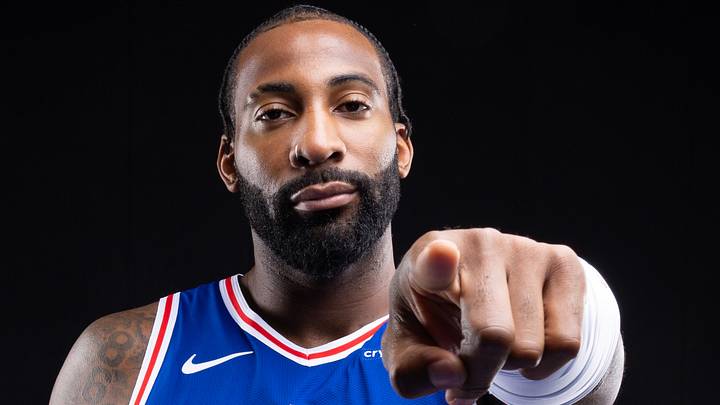 Sep 26, 2025; Camden, NJ, USA; Philadelphia 76ers center Andre Drummond (1) poses for a photo during media day. Mandatory Credit: Bill Streicher-Imagn Images