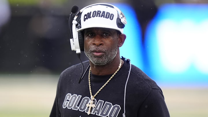 Oct 11, 2025; Boulder, Colorado, USA; Colorado Buffaloes head coach Deion Sanders during the first quarter against the Iowa State Cyclones at Folsom Field. Mandatory Credit: Ron Chenoy-Imagn Images