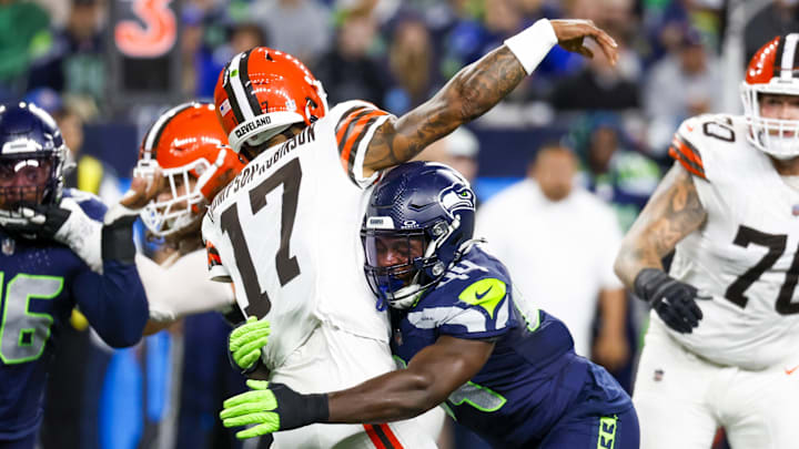 Aug 24, 2024; Seattle, Washington, USA; Seattle Seahawks linebacker Jamie Sheriff (44) pressures Cleveland Browns quarterback Dorian Thompson-Robinson (17) during the second quarter at Lumen Field.