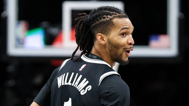 Dec 4, 2025; Brooklyn, New York, USA; Brooklyn Nets forward Ziaire Williams (1) reacts after shooting a three point shot against the Utah Jazz during the second quarter at Barclays Center. Mandatory Credit: Tom Horak-Imagn Images Dec 4, 2025; Brooklyn, New York, USA; Brooklyn Nets forward Ziaire Williams (1) reacts after shooting a three point shot against the Utah Jazz during the second quarter at Barclays Center. Mandatory Credit: Tom Horak-Imagn Images