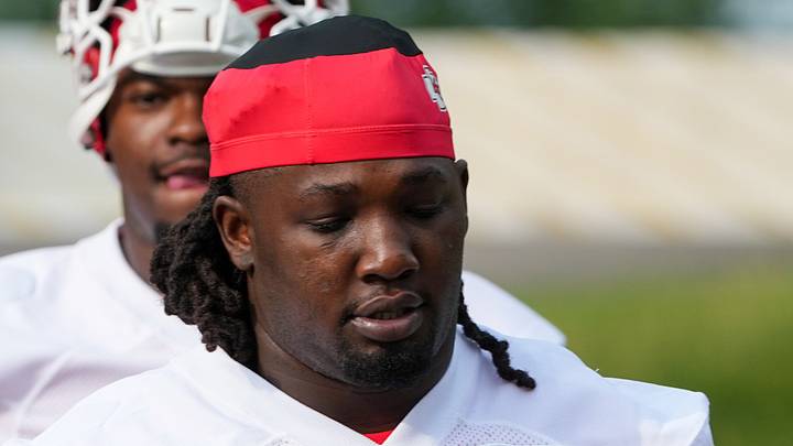 Jul 29, 2026; St. Joseph, MO, USA; Kansas City Chiefs defensive tackle Marcus Harris (68) walks down the hill to the practice fields during training camp at Missouri Western State University. Mandatory Credit: Denny Medley-Imagn Images