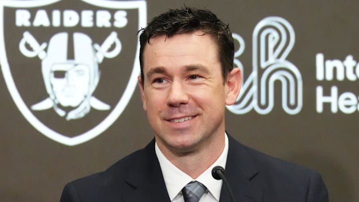 Feb 10, 2026; Henderson, NV, USA; Las Vegas Raiders coach Klint Kubiak speaks at introductory press conference at Intermountain Health Performance Center. Mandatory Credit: Kirby Lee-Imagn Images Feb 10, 2026; Henderson, NV, USA; Las Vegas Raiders coach Klint Kubiak speaks at introductory press conference at Intermountain Health Performance Center. Mandatory Credit: Kirby Lee-Imagn Images