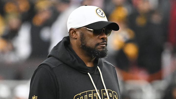 Dec 28, 2025; Cleveland, Ohio, USA; Pittsburgh Steelers head coach Mike Tomlin looks on before the game against the Cleveland Browns at Huntington Bank Field. Mandatory Credit: Ken Blaze-Imagn Images