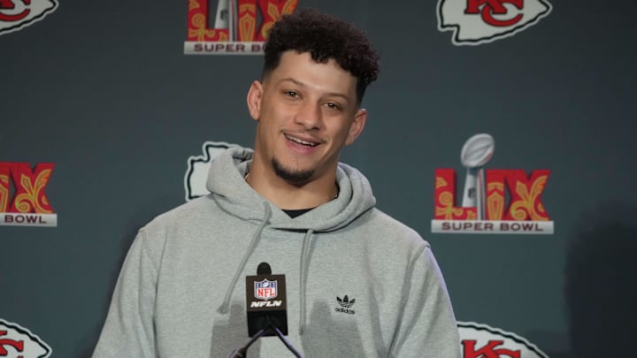Feb 5, 2025; New Orleans, LA, USA;  Kansas City Chiefs quarterback Patrick Mahomes (15) speaks in a press conference ahead of Super Bowl LIX at New Orleans Marriott. Mandatory Credit: Kirby Lee-Imagn Images