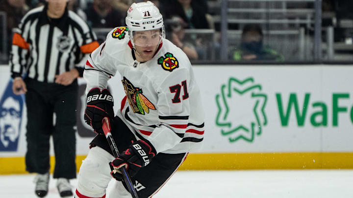 Chicago Blackhawks forward Taylor Hall (71) skates with the puck against the Seattle Kraken at Climate Pledge Arena.