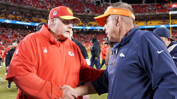 Oct 12, 2023; Kansas City, Missouri, USA; Kansas City Chiefs head coach Andy Reid shakes hands with Denver Broncos head coach Sean Payton after the game at GEHA Field at Arrowhead Stadium. Mandatory Credit: Denny Medley-Imagn Images