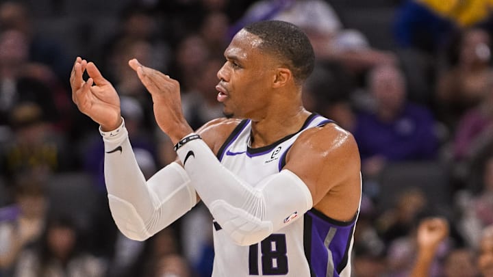 Nov 5, 2025; Sacramento, California, USA; Sacramento Kings guard Russell Westbrook (18) celebrates after scoring against the Golden State Warriors during the third quarter at Golden 1 Center. Mandatory Credit: Ed Szczepanski-Imagn Images