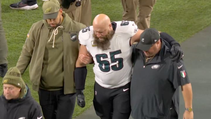 Philadelphia Eagles offensive tackle Lane Johnson limps from the field after suffering an ankle injury against the Green Bay Packers.