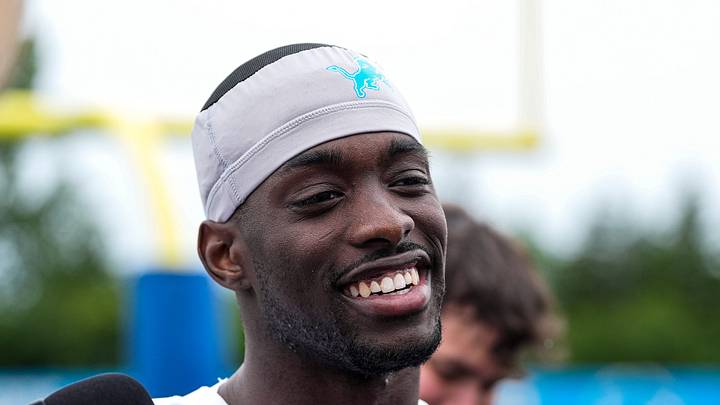 Seattle Seahawks cornerback Terrion Arnold speaks to the media