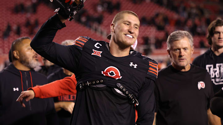 Nov 1, 2025; Salt Lake City, Utah, USA; Utah Utes linebacker Lander Barton (8) celebrates a win over the Cincinnati Bearcats after the game at Rice-Eccles Stadium. Mandatory Credit: Rob Gray-Imagn Images