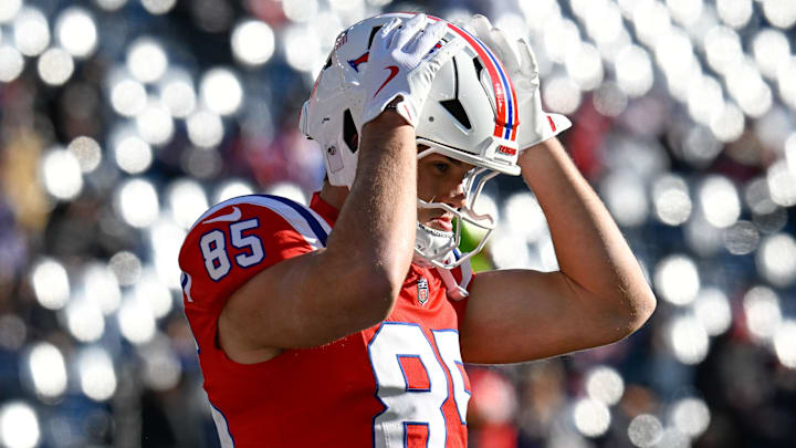 Dec 1, 2024; Foxborough, Massachusetts, USA; New England Patriots tight end Hunter Henry (85) warms up before a game against the Indianapolis Colts at Gillette Stadium. Mandatory Credit: Eric Canha-Imagn Images