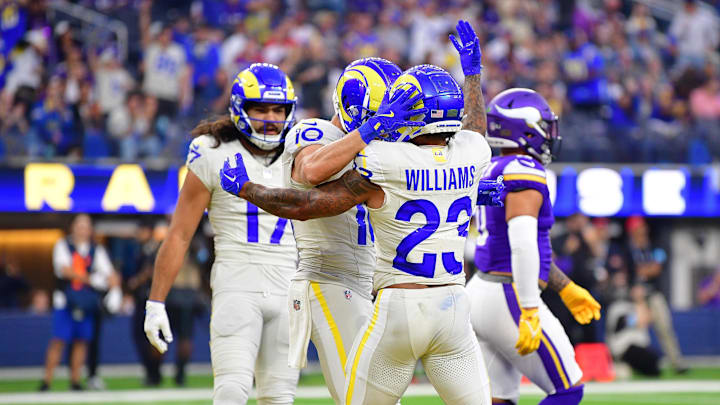 Oct 24, 2024; Inglewood, California, USA; Los Angeles Rams running back Kyren Williams (23) celebrates his touchdown scored against the Minnesota Vikings with wide receiver Cooper Kupp (10) and wide receiver Puka Nacua (17) during the first half at SoFi Stadium.