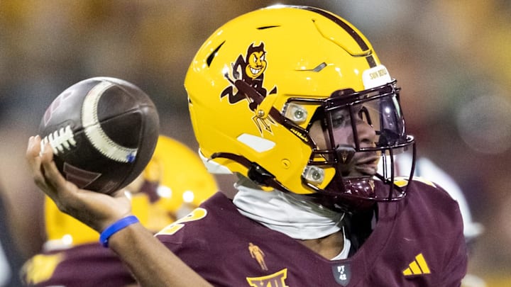 Nov 28, 2025; Tempe, Arizona, USA; Arizona State Sun Devils quarterback Jeff Sims (2) against the Arizona Wildcats in the first half during the 99th Territorial Cup at Mountain America Stadium. Mandatory Credit: Mark J. Rebilas-Imagn Images
