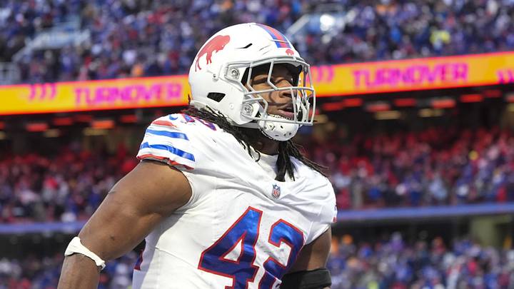 Nov 16, 2025; Orchard Park, New York, USA; Buffalo Bills linebacker Dorian Williams (42) celebrates recovering a touchdown against the Tampa Bay Buccaneers during the second half of the game at Highmark Stadium. Nov 16, 2025; Orchard Park, New York, USA; Buffalo Bills linebacker Dorian Williams (42) celebrates recovering a touchdown against the Tampa Bay Buccaneers during the second half of the game at Highmark Stadium.