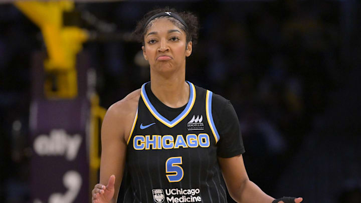 Jun 29, 2025; Los Angeles, California, USA; Chicago Sky forward Angel Reese (5) reacts after a basket in the second half against the Los Angeles Sparks at Crypto.com Arena. Mandatory Credit: Jayne Kamin-Oncea-Imagn Images