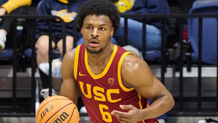 Feb 7, 2024; Berkeley, California, USA; USC Trojans guard Bronny James (6) dribbles the ball against the California Golden Bears during the second half at Haas Pavilion. Mandatory Credit: Robert Edwards-USA TODAY Sports Feb 7, 2024; Berkeley, California, USA; USC Trojans guard Bronny James (6) dribbles the ball against the California Golden Bears during the second half at Haas Pavilion. Mandatory Credit: Robert Edwards-USA TODAY Sports