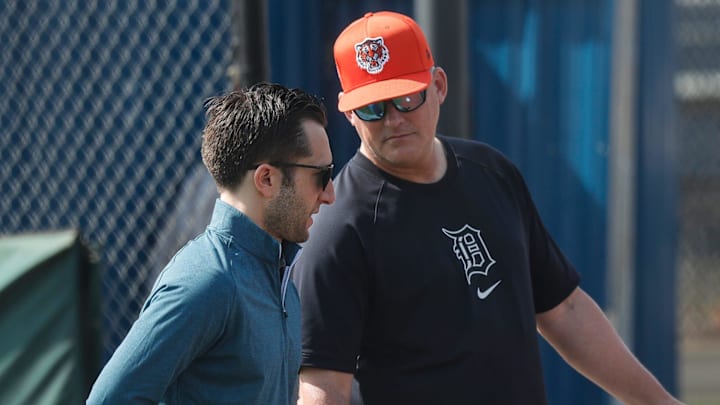 Detroit Tigers manager A.J. Hinch talks to general manager Jeff Greenberg during spring training at TigerTown in Lakeland, Fla. on Friday, Feb. 16, 2024. Detroit Tigers manager A.J. Hinch talks to general manager Jeff Greenberg during spring training at TigerTown in Lakeland, Fla. on Friday, Feb. 16, 2024.