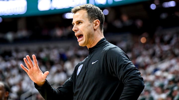 Duke's head coach Jon Scheyer calls out to players during the first half in the game against Michigan State on Saturday, Dec. 6, 2025, at the Breslin Center in East Lansing.