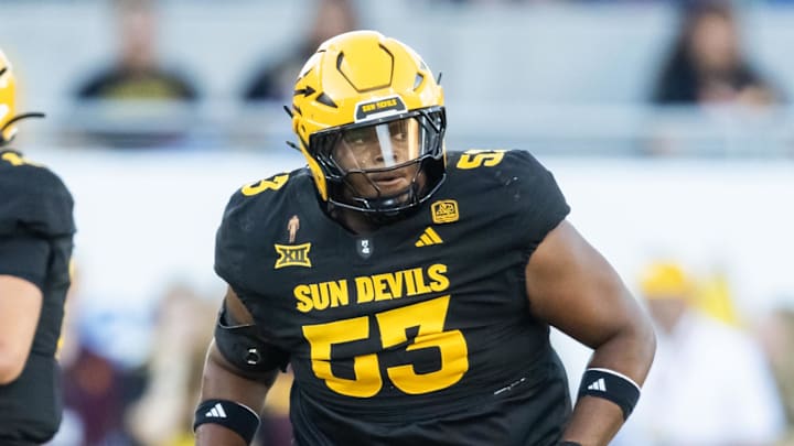 Oct 25, 2025; Tempe, Arizona, USA; Arizona State Sun Devils offensive lineman Josh Atkins (53) against the Houston Cougars at Mountain America Stadium. Mandatory Credit: Mark J. Rebilas-Imagn Images