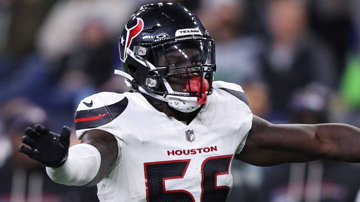 Oct 20, 2025; Seattle, Washington, USA; Houston Texans linebacker Jamal Hill (56) reacts after a field goal attempt is blocked during the second quarter against the Seattle Seahawks at Lumen Field. 