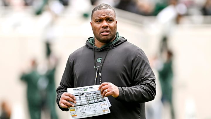 Michigan State assistant head coach Keith Bhonapha looks on during the Spring Showcase on Saturday, April 20, 2024, at Spartan Stadium in East Lansing. Michigan State assistant head coach Keith Bhonapha looks on during the Spring Showcase on Saturday, April 20, 2024, at Spartan Stadium in East Lansing.