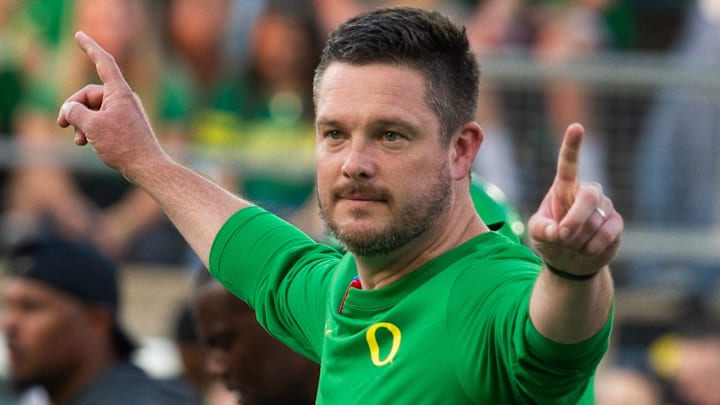 Oregon coach Dan Lanning oversees warmups before the game against Boise State at Autzen in Eugene Sept. 7, 2024