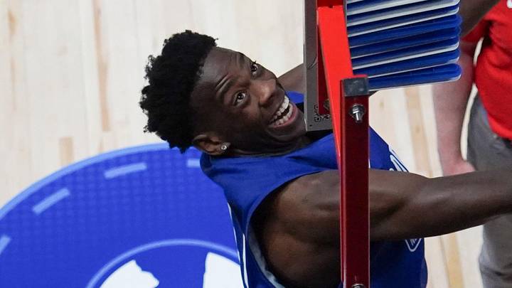May 12, 2026; Chicago, IL, USA; AJ Dybantsa participates in the 2026 NBA Draft Combine at Wintrust Arena. Mandatory Credit: David Banks-Imagn Images