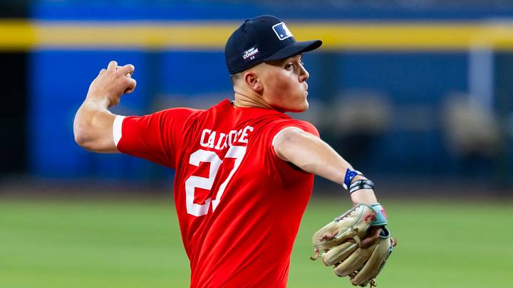 Jun 17, 2025; Phoenix, AZ, USA; Delsea Reg High School (NJ) pitcher Frank Cairone during the MLB Draft Combine high school baseball game at Chase Field. Mandatory Credit: Mark J. Rebilas-Imagn Images Jun 17, 2025; Phoenix, AZ, USA; Delsea Reg High School (NJ) pitcher Frank Cairone during the MLB Draft Combine high school baseball game at Chase Field. Mandatory Credit: Mark J. Rebilas-Imagn Images