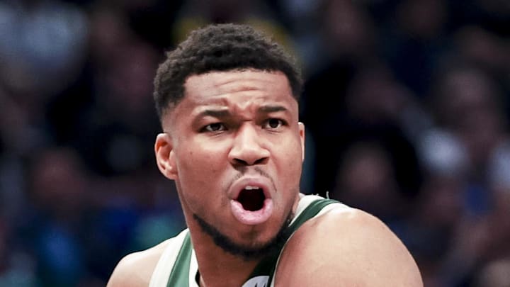 Milwaukee Bucks forward Giannis Antetokounmpo (34) reacts against the Dallas Mavericks during the first half at American Airlines Center. Mar 1, 2025.