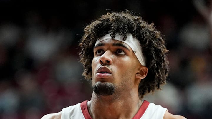 Dec 29, 2025; Tuscaloosa, AL, USA; Alabama forward Amari Allen (5) prepares to shoot a free throw against Yale at Coleman Coliseum. Mandatory Credit: Gary Cosby Jr.-Tuscaloosa News