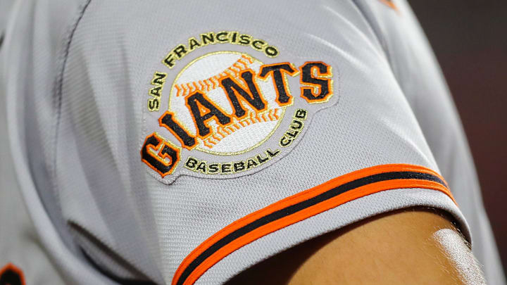 Jul 18, 2023; Cincinnati, Ohio, USA; The San Francisco Giants logo on the sleeve of right fielder Michael Conforto (8) during the fifth inning against the Cincinnati Reds at Great American Ball Park. Mandatory Credit: Katie Stratman-Imagn Images Jul 18, 2023; Cincinnati, Ohio, USA; The San Francisco Giants logo on the sleeve of right fielder Michael Conforto (8) during the fifth inning against the Cincinnati Reds at Great American Ball Park. Mandatory Credit: Katie Stratman-Imagn Images