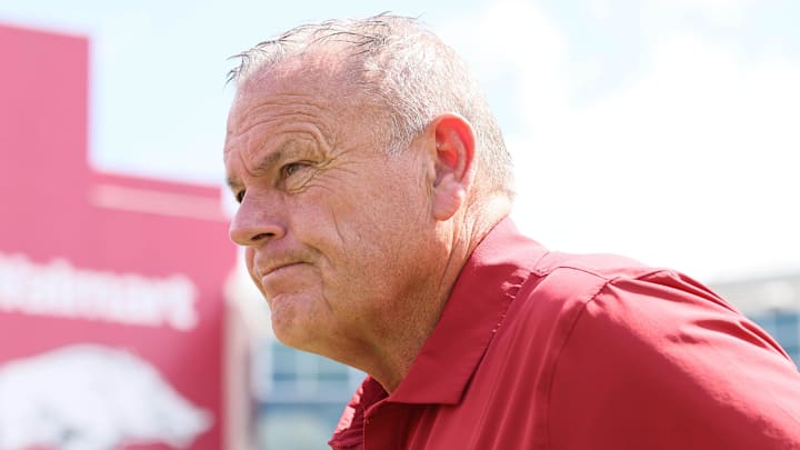 Arkansas Razorbacks coach coach Sam Pittman prior to the game against the Alabama A&M Bulldogs at Razorback Stadium in Fayetteville, Ark.