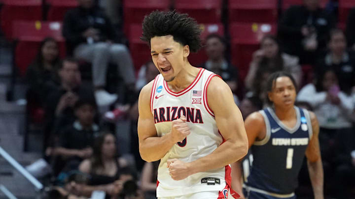 Mar 22, 2026; San Diego, CA, USA; Arizona Wildcats guard Brayden Burries (5) reacts in the second half against the Utah State Aggies during a second round game of the men's 2026 NCAA Tournament at Viejas Arena. Mandatory Credit: Kirby Lee-Imagn Images