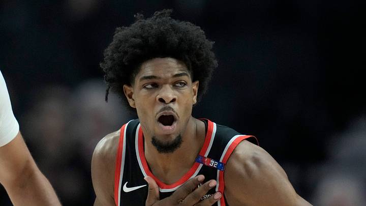 Jan 14, 2025; Portland, Oregon, USA; Portland Trail Blazers guard Scoot Henderson (00) reacts after a three point basket against the Brooklyn Nets during the first half at Moda Center. Mandatory Credit: Soobum Im-Imagn Images