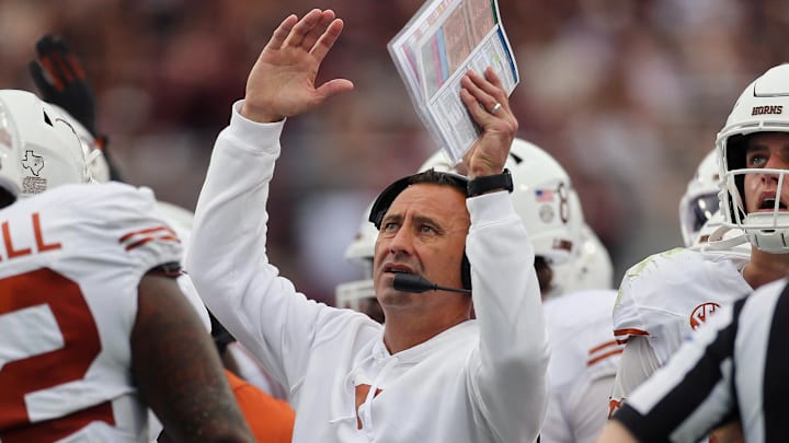 Texas Longhorns head coach Steve Sarkisian reacts to a replay on the video scoreboard during the second quarter against the Mississippi State Bulldogs at Davis Wade Stadium at Scott Field.