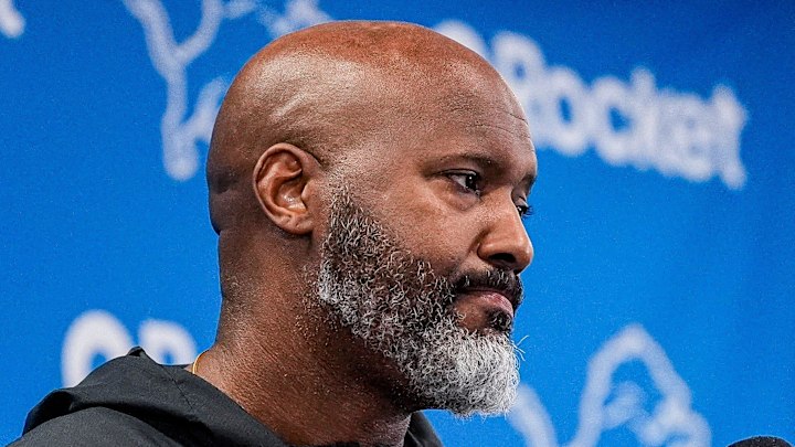 Detroit Lions executive vice president and general manager Brad Holmes speaks during media availability 